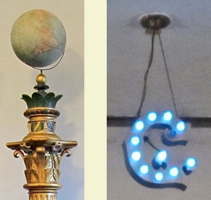 Pillar with globe and electrified G, Masonic Hall