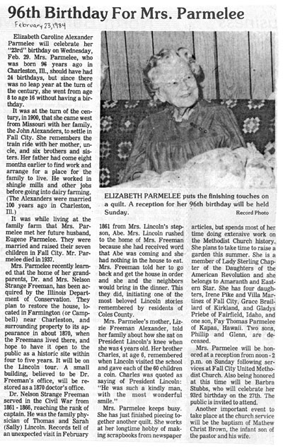 96th Birthday article about Carrie Parmelee