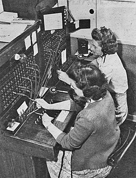 Fall City telephone operators Emmalene Pickett and Mabel Green, Seattle Times Rotogravure, 1950.